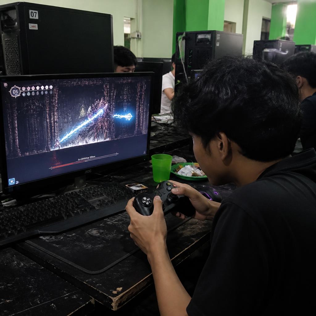 Two players in headsets seated side by side in red gaming chairs at neighbouring stations